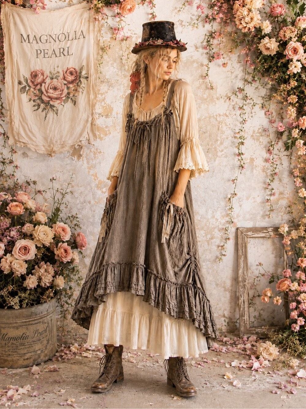 Magnolia Pearl Linen Ruffle Slip Dress Pouch Pockets Lagenlook Art Wear Boho OS